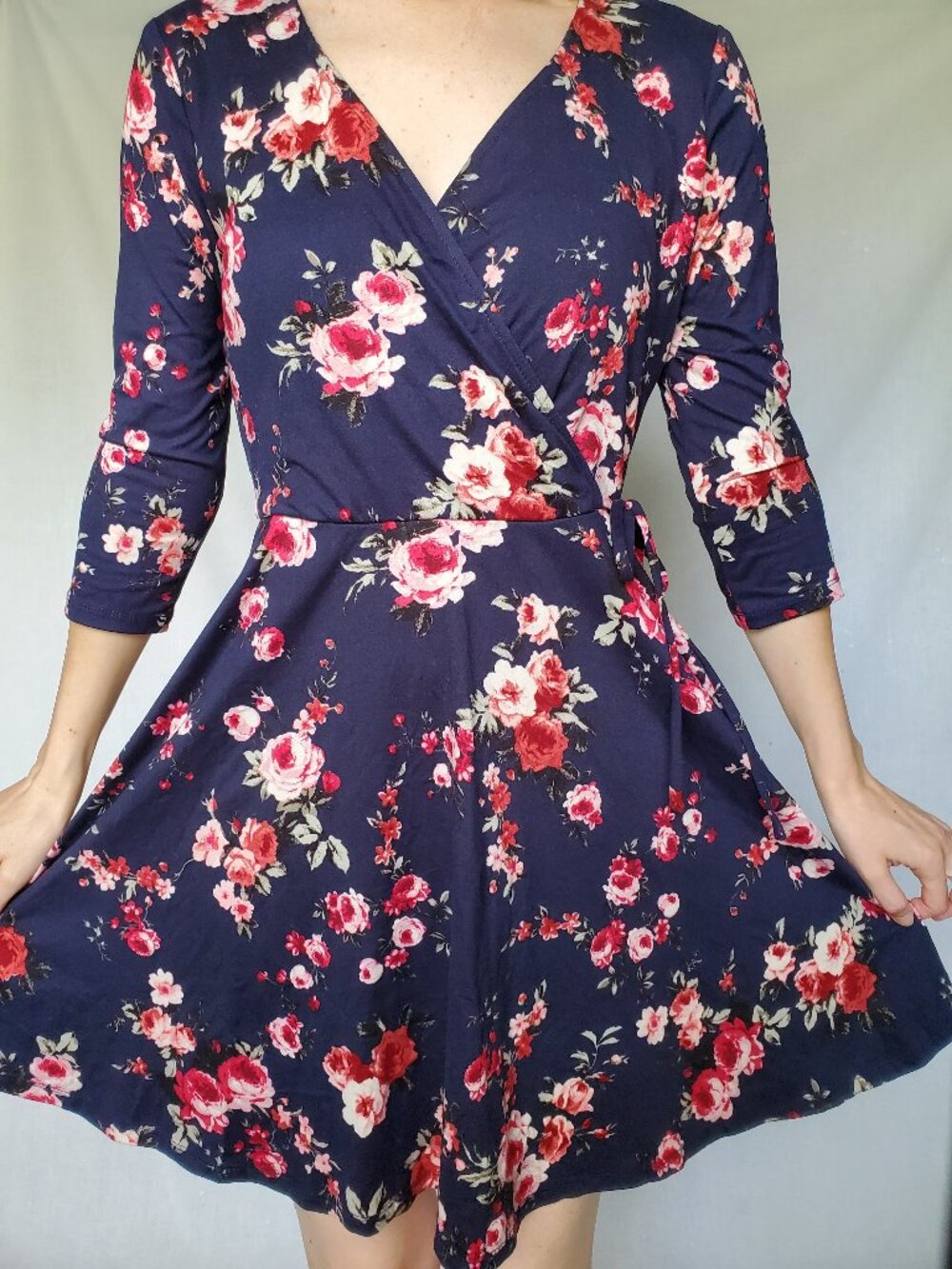 IZ Byer 3/4 Sleeve Navy Floral Dress